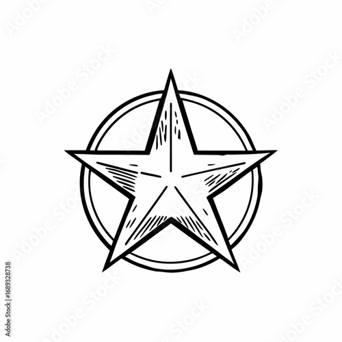 A graphic illustration of a five pointed star enclosed within a double lined circle design element