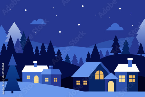 Charming winter village scene illustration with snow-covered houses and starry night sky vector