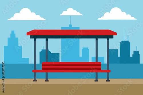 Vector illustration of a city bus stop shelter with red bench and urban skyline