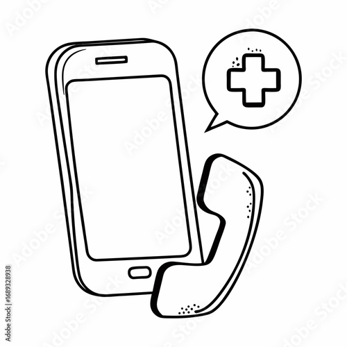 Illustration of a smartphone with a receiver and a speech bubble containing a plus sign icon