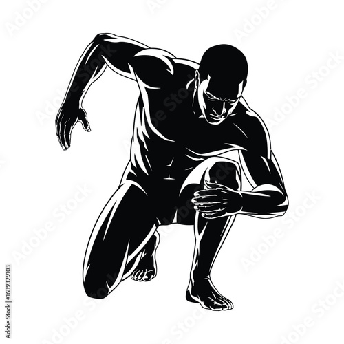 Black and white silhouette of martial arts figure in dynamic crouching pose with bold angular lines
