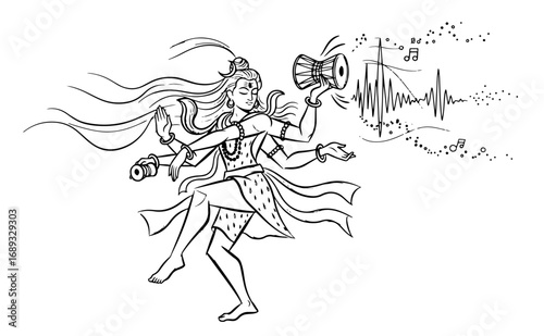 Lord Shiva as Nataraja in a cosmic dance with Damaru drum outline drawing