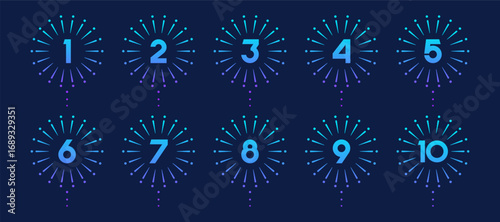 Set of collection numbers 1 to 10 with fireworks element vector illustration. Fireworks  element with numbers 1, 2, 3, 4, 5, 6, 7, 8, 9, 10 for greetings, anniversary and more.