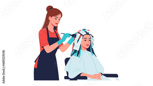 Skilled hairstylist applying hair dye to client s hair with protective foil wraps