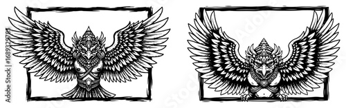 Mythical bird Garuda the vahana of Vishnu detailed engraving vector illustration