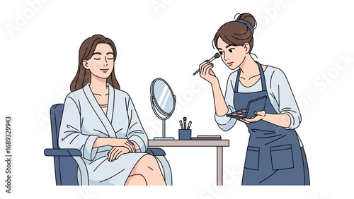 Professional makeup artist applying cosmetics to a client in a beauty salon setting with a mirror