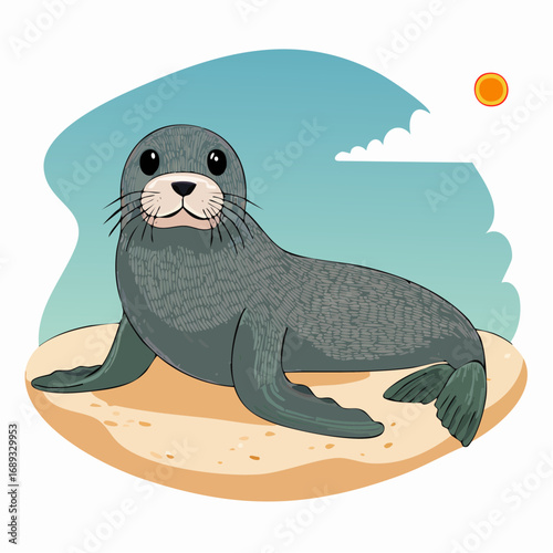 languid caribbean monk seal on sunlit sand in soft stipple contours and tight cluster highlights with warmth dot