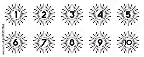 Set of collection numbers 1 to 10 with fireworks element vector illustration. Fireworks  element with numbers 1, 2, 3, 4, 5, 6, 7, 8, 9, 10 for greetings, anniversary and more.