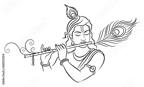 Krishna playing flute with peacock feather outline vector illustration