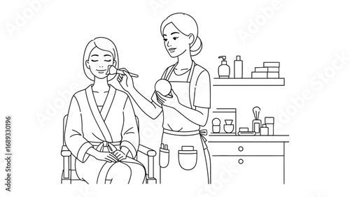 Artist applying makeup to a woman sitting in a chair in a beauty salon or studio setting