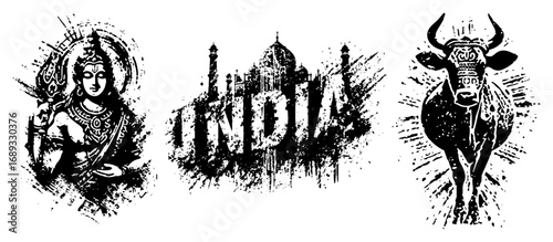 Indian and Hindu symbols Shiva Taj Mahal and sacred cow grunge splash effect illustration set
