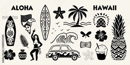 Hawaiian aloha tropical paradise collection with surfboards palm trees hula dancer car and pineapple