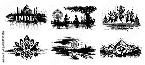 Indian culture and Hindu spiritual symbols grunge vector set
