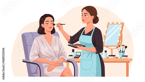 Professional makeup artist applying cosmetics to a client in a salon setting with mirror and brushes