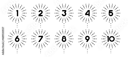 Set of collection numbers 1 to 10 with fireworks element vector illustration. Fireworks  element with numbers 1, 2, 3, 4, 5, 6, 7, 8, 9, 10 for greetings, anniversary and more.