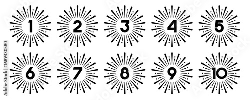 Set of collection numbers 1 to 10 with fireworks element vector illustration. Fireworks  element with numbers 1, 2, 3, 4, 5, 6, 7, 8, 9, 10 for greetings, anniversary and more.