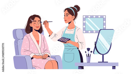 Professional makeup artist applying eyeshadow to a client in a salon setting with mirrors and brushes