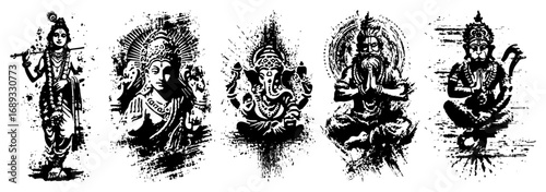 Hindu gods grunge splatter portrait vector icons set