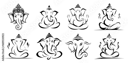 Lord Ganesha calligraphic line art icons collection set