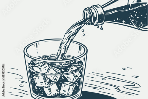 Vector illustration of soda or soft drink pouring into glass with ice cubes