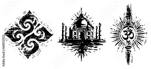 Swirl motif Taj Mahal Om grunge stamp icon set vector