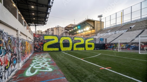 Urban Soccer Field Graffiti 2026 - Graffiti-covered wall of a soccer field with 2026 painted prominently. Urban sports setting