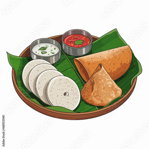 South Indian Tiffin Platter with Idli Vada and Chutnys Illustration
