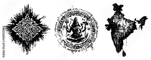 Mandala Durga seal India map grunge stamp icon set vector