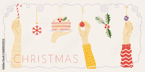 Hands holding christmas decorations and treats with the word christmas below