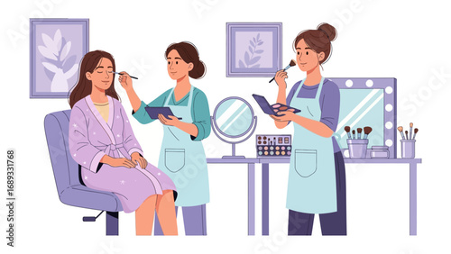 Two professional makeup artists applying cosmetics to a woman in a brightly lit salon setting
