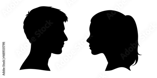 silhouette head profile of pensive young man and woman opposite each other, teenager boy and a girl thinking, opposition of genders, concept of love and relationships.Human Face Side Silhouette
