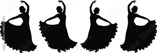 Flamenco dancer silhouette set in elegant poses with flowing dress, traditional Spanish dance style, perfect for cultural vector art design