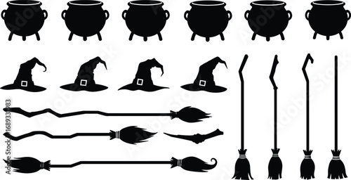 Halloween witch silhouette set with cauldrons, hats, and broomsticks in various styles for spooky design, decoration, and vector illustration
