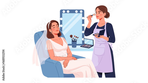 Bridal makeup artist applying cosmetics to a bride sitting in a chair in front of a vanity mirror