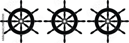 Nautical ship wheel silhouette illustration with three identical helms in horizontal row, perfect for maritime design, navigation, and vector art