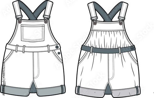 Technical flat sketch of kids denim short dungaree, front and back view, fashion cad drawing, editable vector template illustration