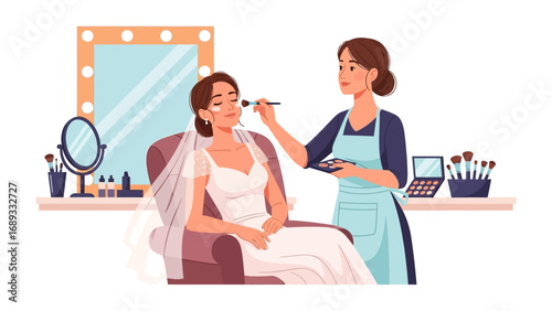 Bride receiving professional makeup application in a dressing room before her wedding ceremony