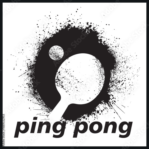 Ping pong racket and ball, grunge style vector design, splashes, scratch texture, stencil. Poster: table tennis, racket sports, tennis accessories, sports club, training, activity, hobby