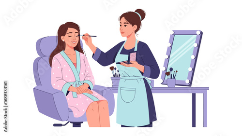 Professional makeup artist applying cosmetics to a smiling woman sitting in a salon chair with a mirror
