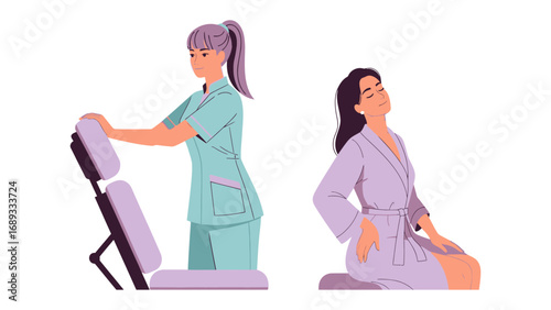 Skilled massage therapist adjusts ergonomic chair for relaxed client in spa setting