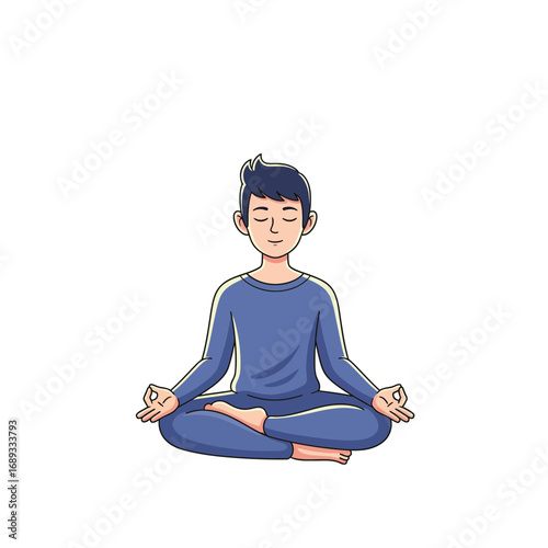 Man Meditating in Calm Lotus Position, Practicing Mindfulness for Stress Relief and Inner Peace, a Graphic Vector Illustration for Wellness Concepts and Mental Health