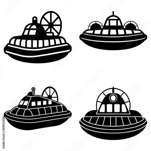 Illustration of four stylized hovercraft designs with various features in black and white outline style