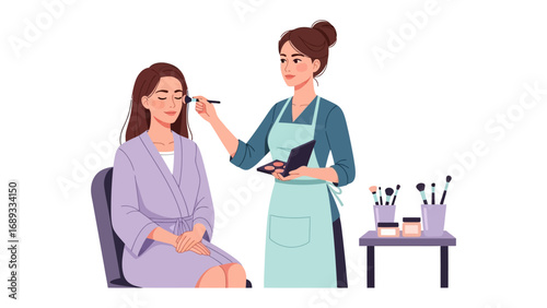 Professional makeup artist applying eyeshadow to a seated woman in a salon setting with beauty tools