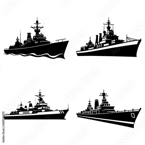 Four silhouettes of warships with detailed superstructures and varying hull designs in black and white