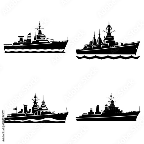 Four black silhouette illustrations of different naval warships on a white background in a square format