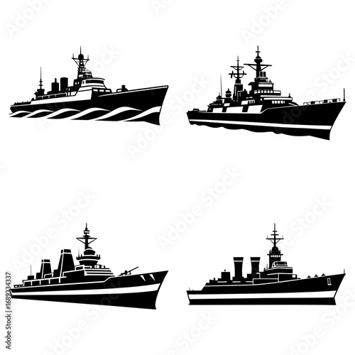 Four monochrome silhouettes of warships arranged in a square formation on a white background
