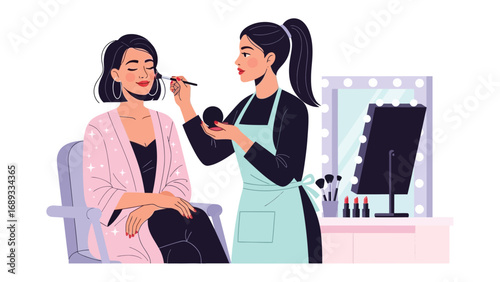 Professional makeup artist applying makeup to a client in a beauty salon with a mirror and brushes