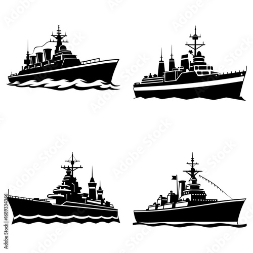 Collection of black and white silhouettes of various battleships on a white background design element