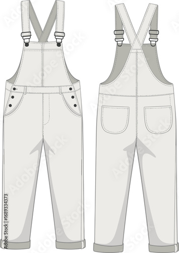 Technical vector sketch of full-length kids dungaree, front and back view, fashion flat, editable CAD drawing, garment illustration design