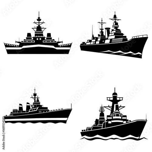 Four black and white silhouette illustrations of naval warships on a plain white background design art
